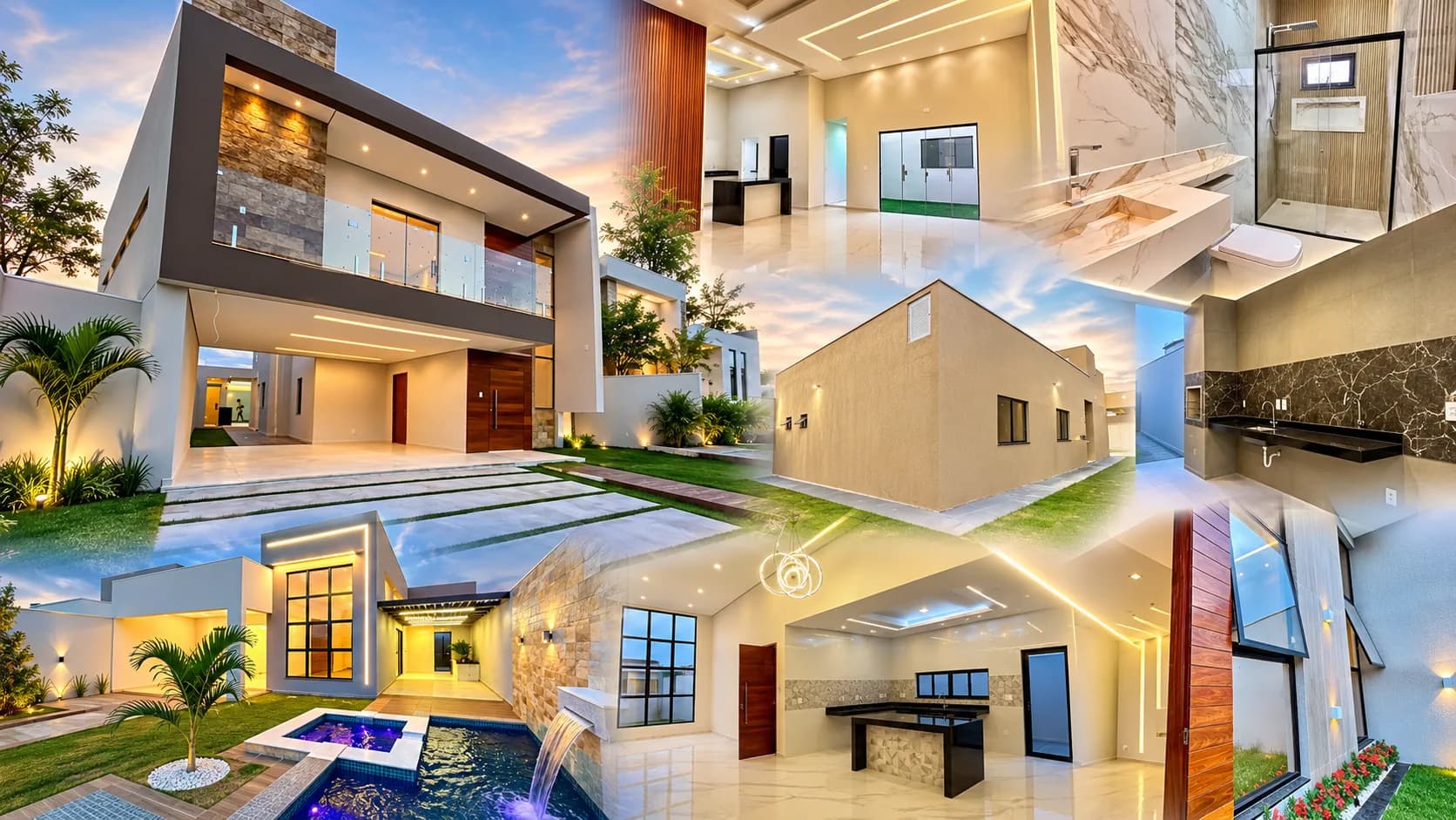 Colagem de obras da Construminas: fachadas contemporâneas, piscina, salas com forro iluminado, banheiro e área gourmet.